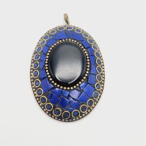 Vintage Nepalese Tibetan Onyx Cabochon & Lapis Lazuli Mosaic Inlay Brass Pendant